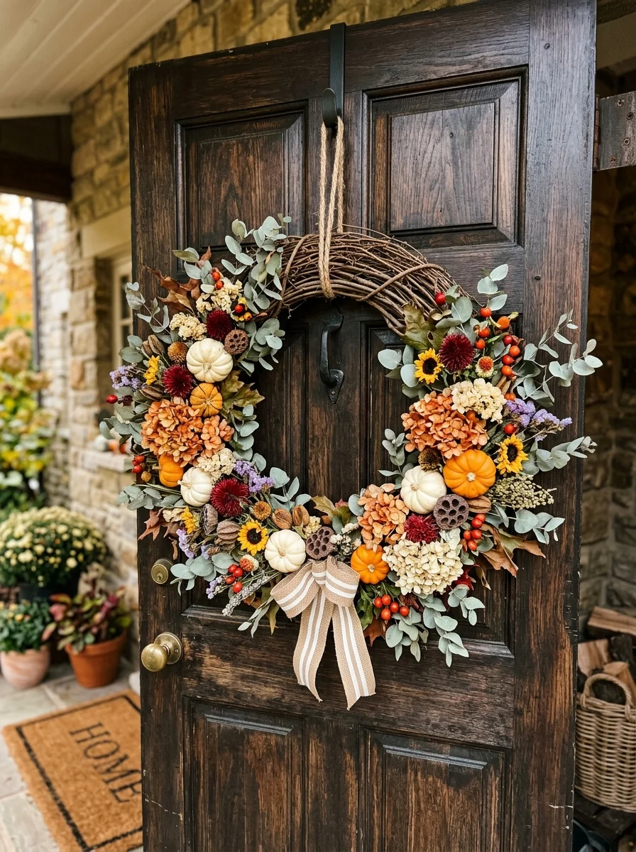 30 Aesthetic Fall Porch Decor Ideas for Instant Curb Appeal 11 Natural Grapevine Wreath Centerpiece for Front Door Focal Points - fall porch decor idea (AI Generated Image)