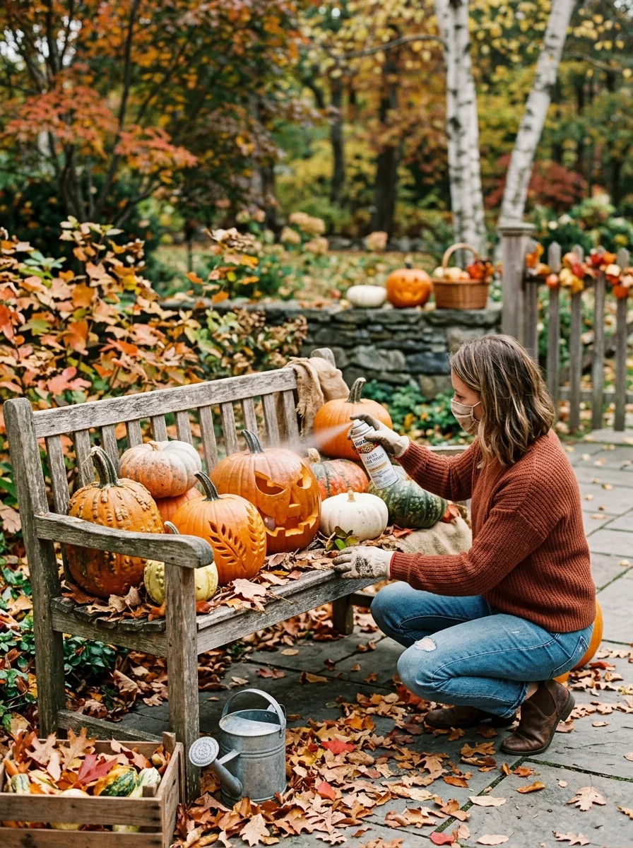 30 Aesthetic Fall Porch Decor Ideas for Instant Curb Appeal 12 Bleach & Sealant Pumpkin Preservation Techniques for Outdoor Longevity - fall porch decor idea (AI Generated Image)