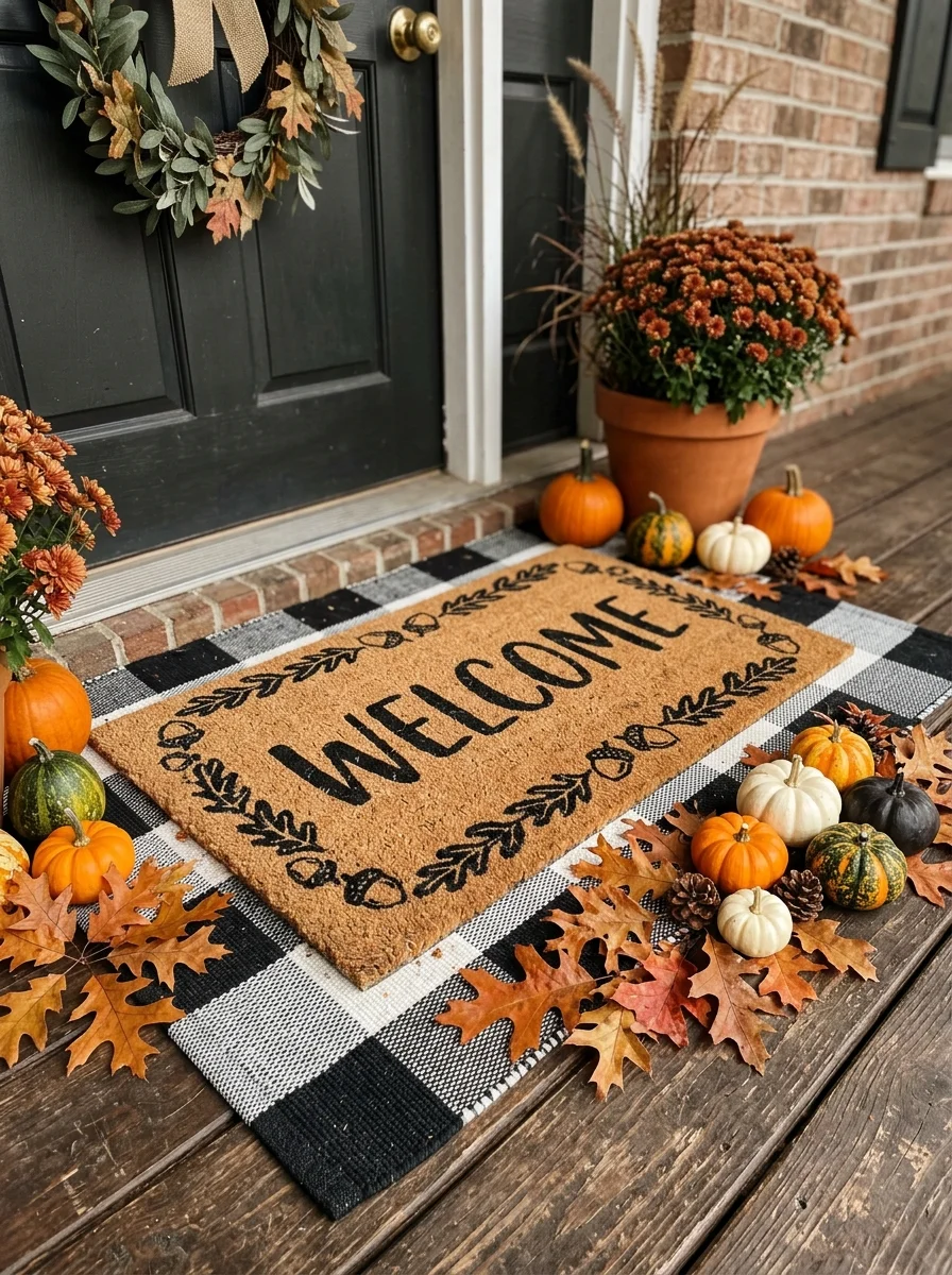 30 Aesthetic Fall Porch Decor Ideas for Instant Curb Appeal 2 Layered Doormat Entryway: Combining Buffalo Plaid & Coir Rugs - fall porch decor idea (AI Generated Image)