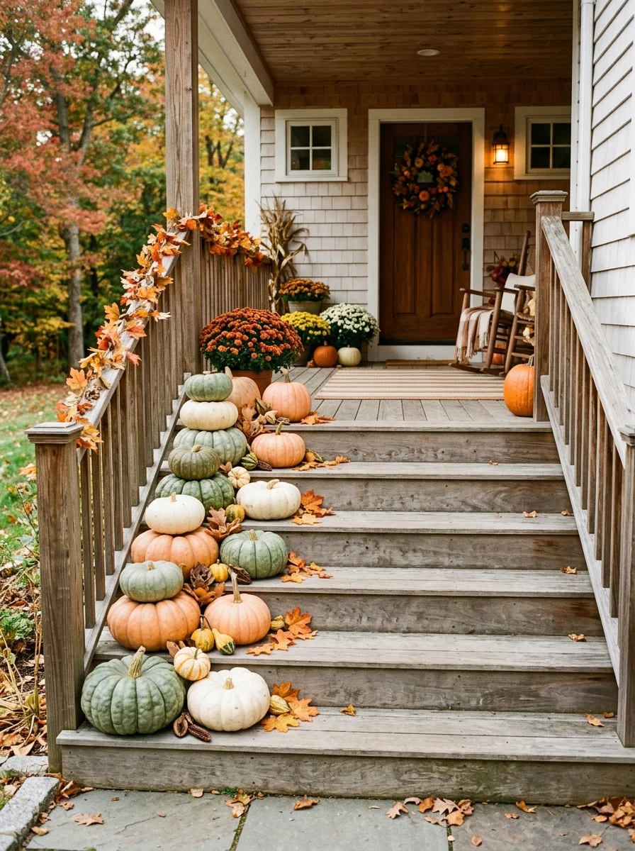 30 Aesthetic Fall Porch Decor Ideas for Instant Curb Appeal 3 Heirloom Pumpkin Staircases: Tiered Displaying of Cinderella & Fairytale Varieties - fall porch decor idea (AI Generated Image)
