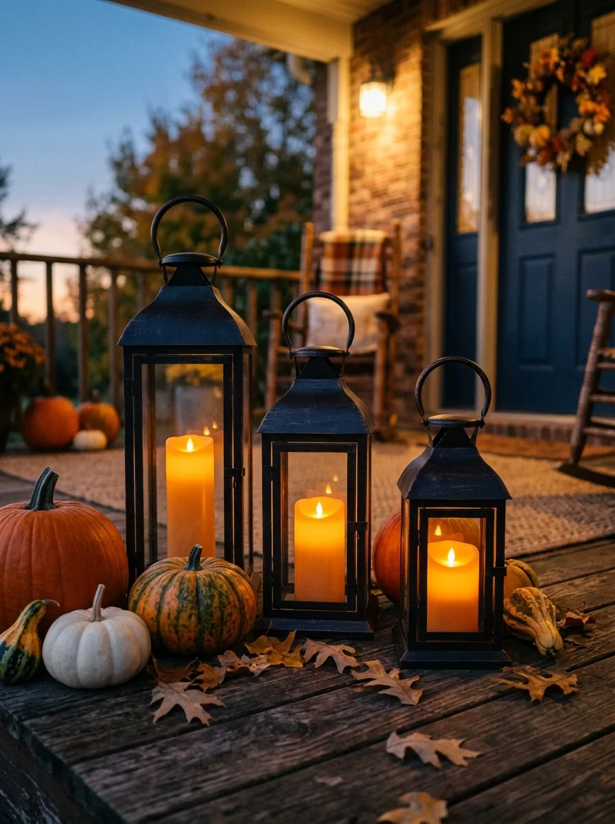 30 Aesthetic Fall Porch Decor Ideas for Instant Curb Appeal 4 Warm Evening Lantern Trio: Matte Black Metal & Amber Flame Lighting - fall porch decor idea (AI Generated Image)