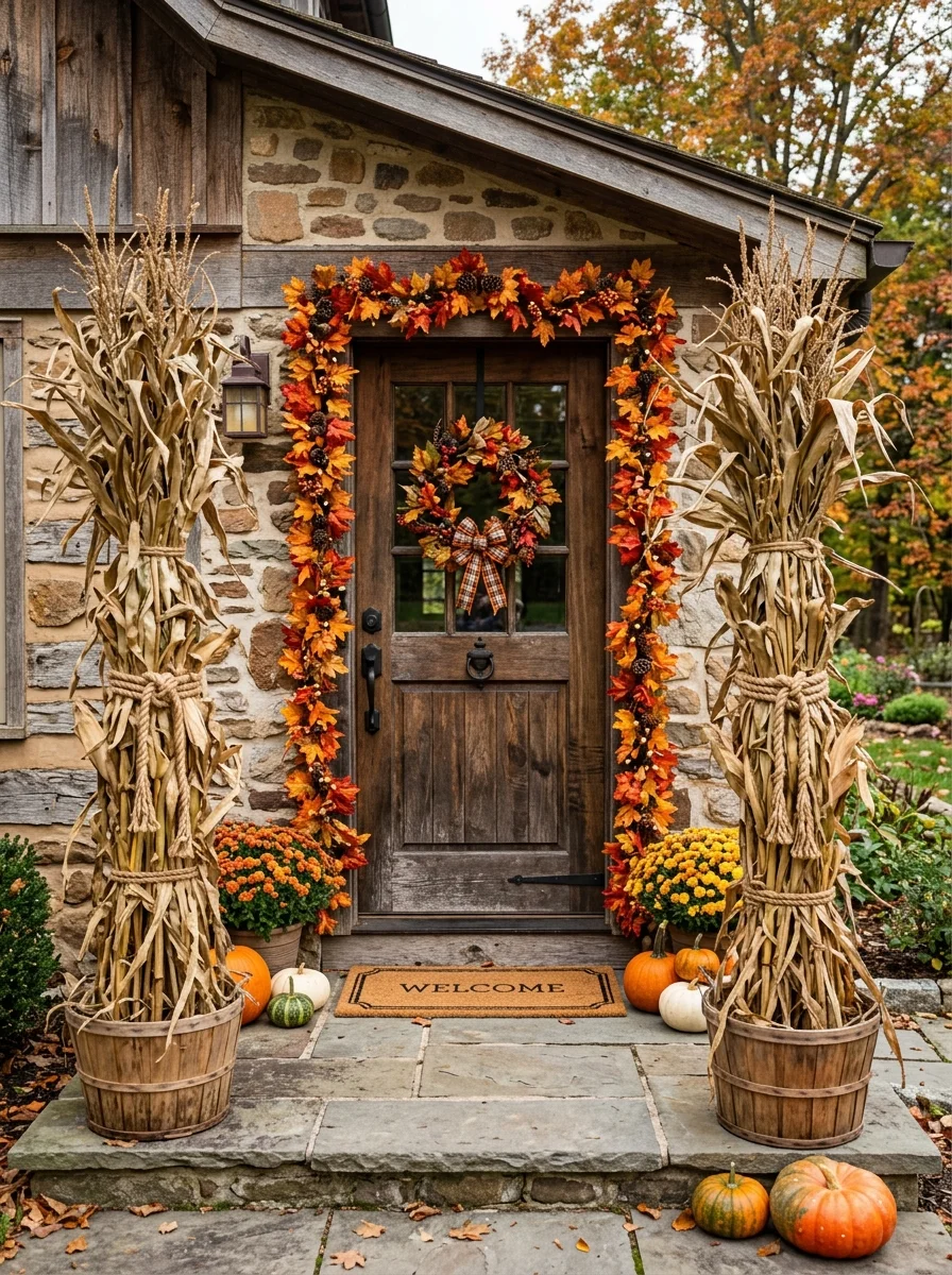30 Aesthetic Fall Porch Decor Ideas for Instant Curb Appeal 5 Dried Cornstalk Door Framing: Archways and Tall Corner Bundles - fall porch decor idea (AI Generated Image)