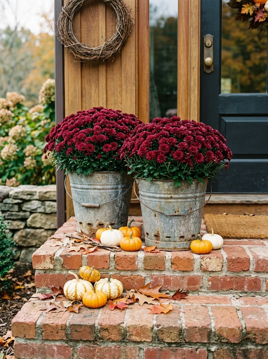 30 Aesthetic Fall Porch Decor Ideas for Instant Curb Appeal 6 Galvanized Olive Buckets with Burgundy Mums: Vintage Metal Accents - fall porch decor idea (AI Generated Image)