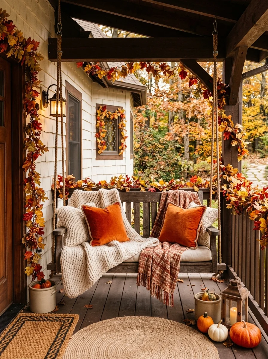 30 Aesthetic Fall Porch Decor Ideas for Instant Curb Appeal 7 Cozy Porch Swing Styling with Chunky Knit Throws - fall porch decor idea (AI Generated Image)