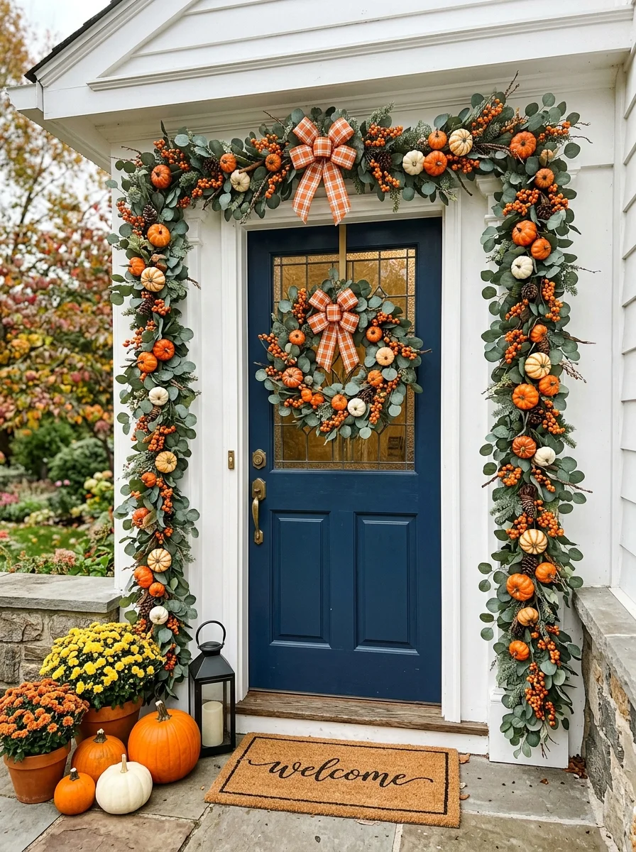 30 Aesthetic Fall Porch Decor Ideas for Instant Curb Appeal 8 Faux Eucalyptus & Berry Garlands: Durable Door Trim Greenery - fall porch decor idea (AI Generated Image)