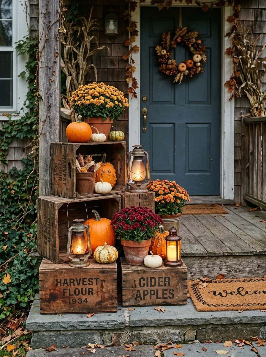 30 Aesthetic Fall Porch Decor Ideas for Instant Curb Appeal 9 Rustic Wooden Crate Risers for Dynamic Height Stacking - fall porch decor idea (AI Generated Image)