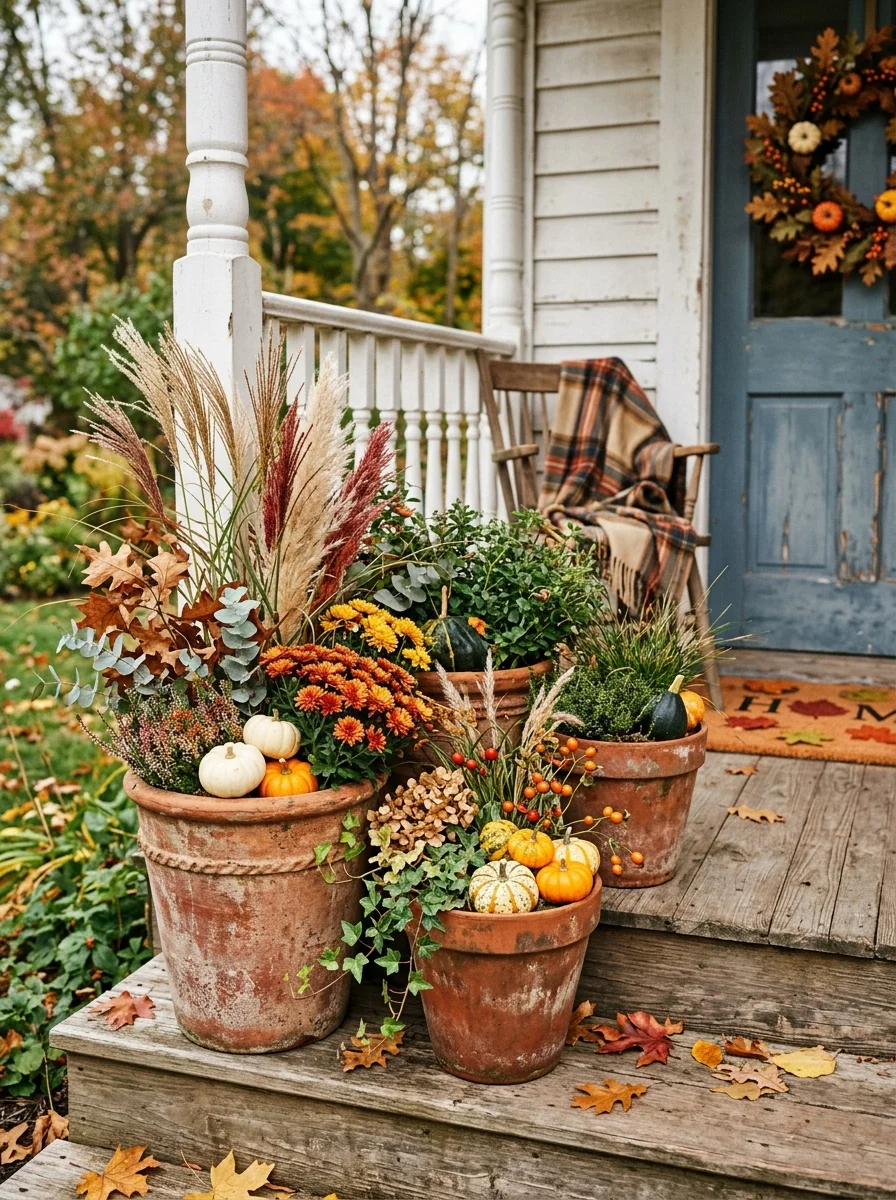30 Aesthetic Fall Porch Decor Ideas for Instant Curb Appeal 10 Aged Terracotta Clay Pot Groupings for Earthy Warmth - fall porch decor idea (AI Generated Image)