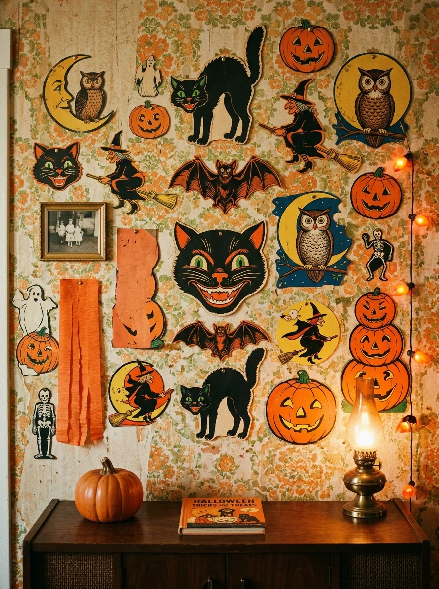 15 Nostalgic Vintage Halloween Decor Ideas for a Cozy Retro Home 2 vintage halloween decor mid-century beistle die-cut wall display (AI Generated Image)
