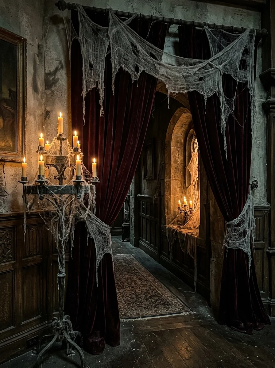 15 Nostalgic Vintage Halloween Decor Ideas for a Cozy Retro Home 11 vintage halloween decor weathered cheesecloth cobwebbing over dark velvet drapery (AI Generated Image)