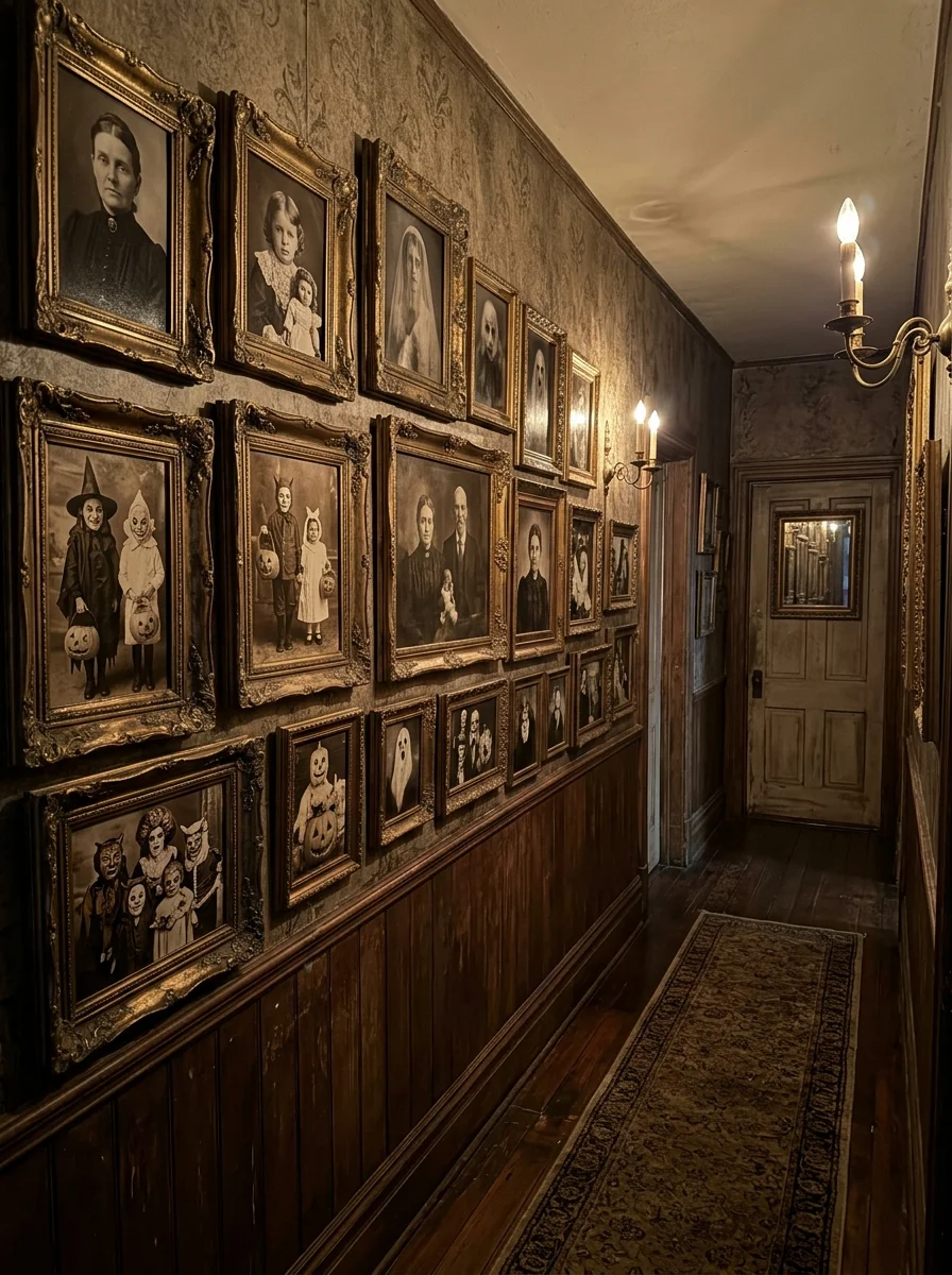15 Nostalgic Vintage Halloween Decor Ideas for a Cozy Retro Home 12 vintage halloween decor framed antique spooky portrait gallery wall (AI Generated Image)