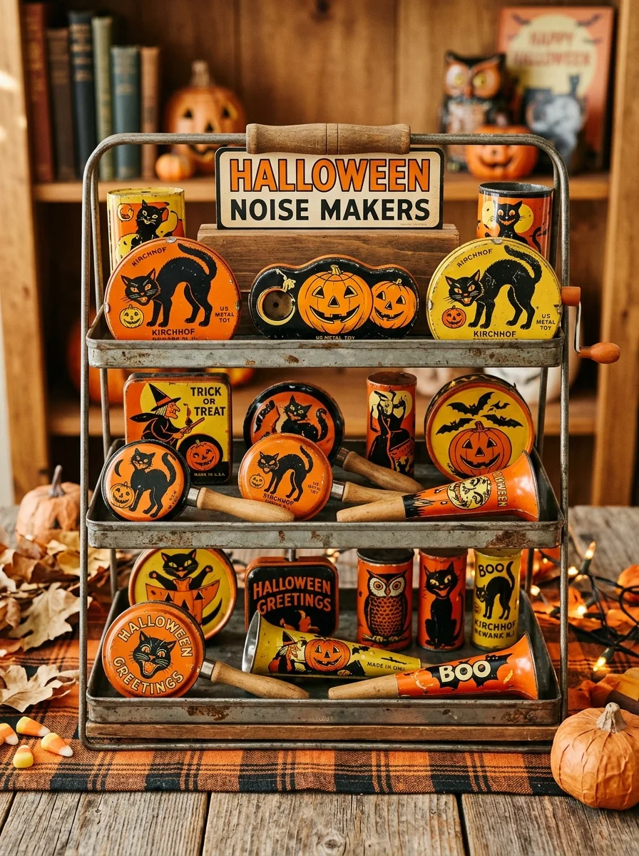 15 Nostalgic Vintage Halloween Decor Ideas for a Cozy Retro Home 13 vintage halloween decor vintage black cat & pumpkin tin noise makers display (AI Generated Image)
