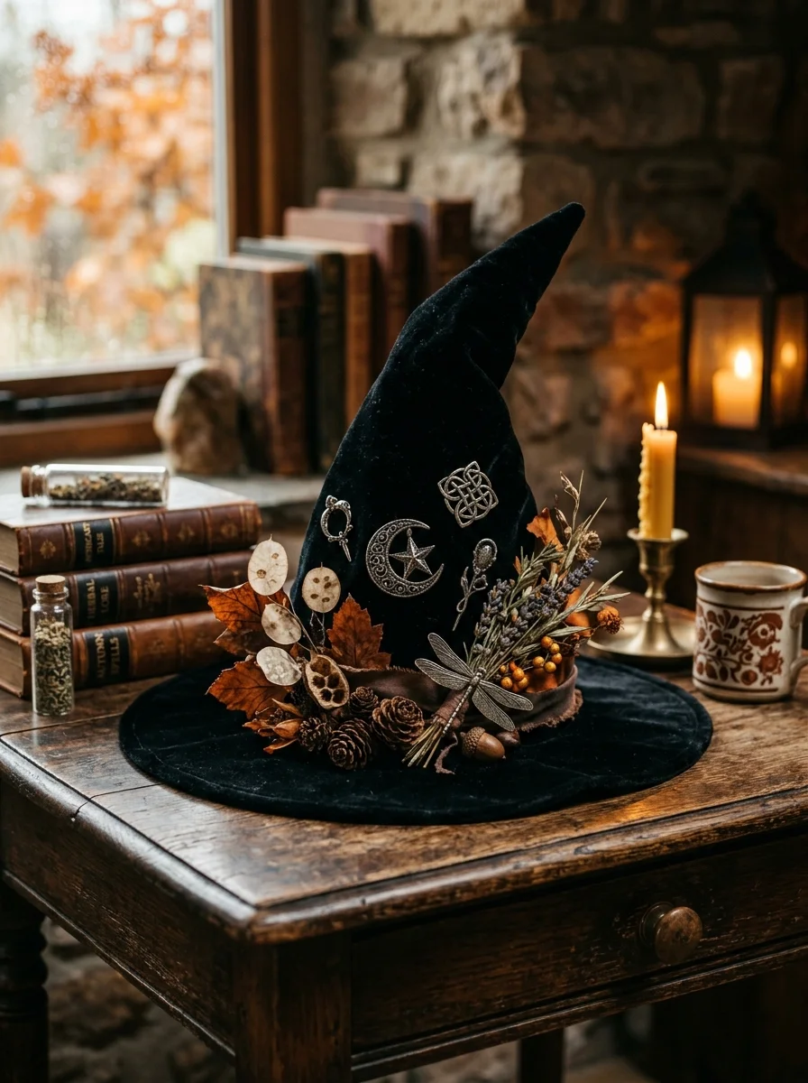 15 Nostalgic Vintage Halloween Decor Ideas for a Cozy Retro Home 14 vintage halloween decor old world velvet & tarnished silver witch hat staging (AI Generated Image)