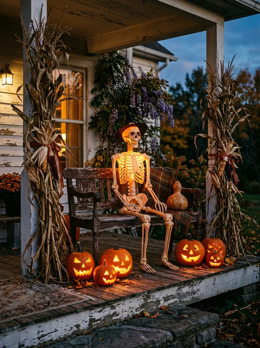 15 Nostalgic Vintage Halloween Decor Ideas for a Cozy Retro Home 15 vintage halloween decor restored retro lit skeleton porch scene (AI Generated Image)