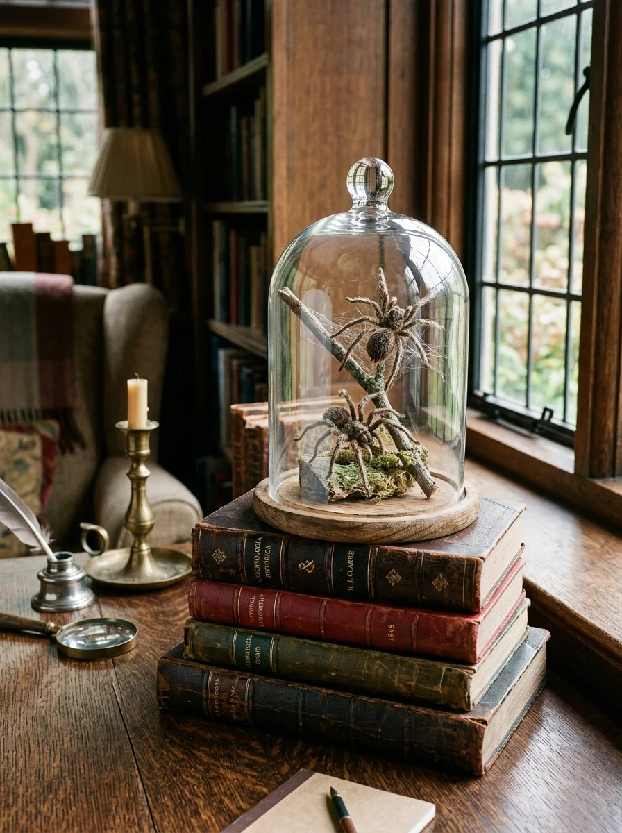 15 Nostalgic Vintage Halloween Decor Ideas for a Cozy Retro Home 16 vintage halloween decor antique cloche with faux spider specimens & aged books (AI Generated Image)