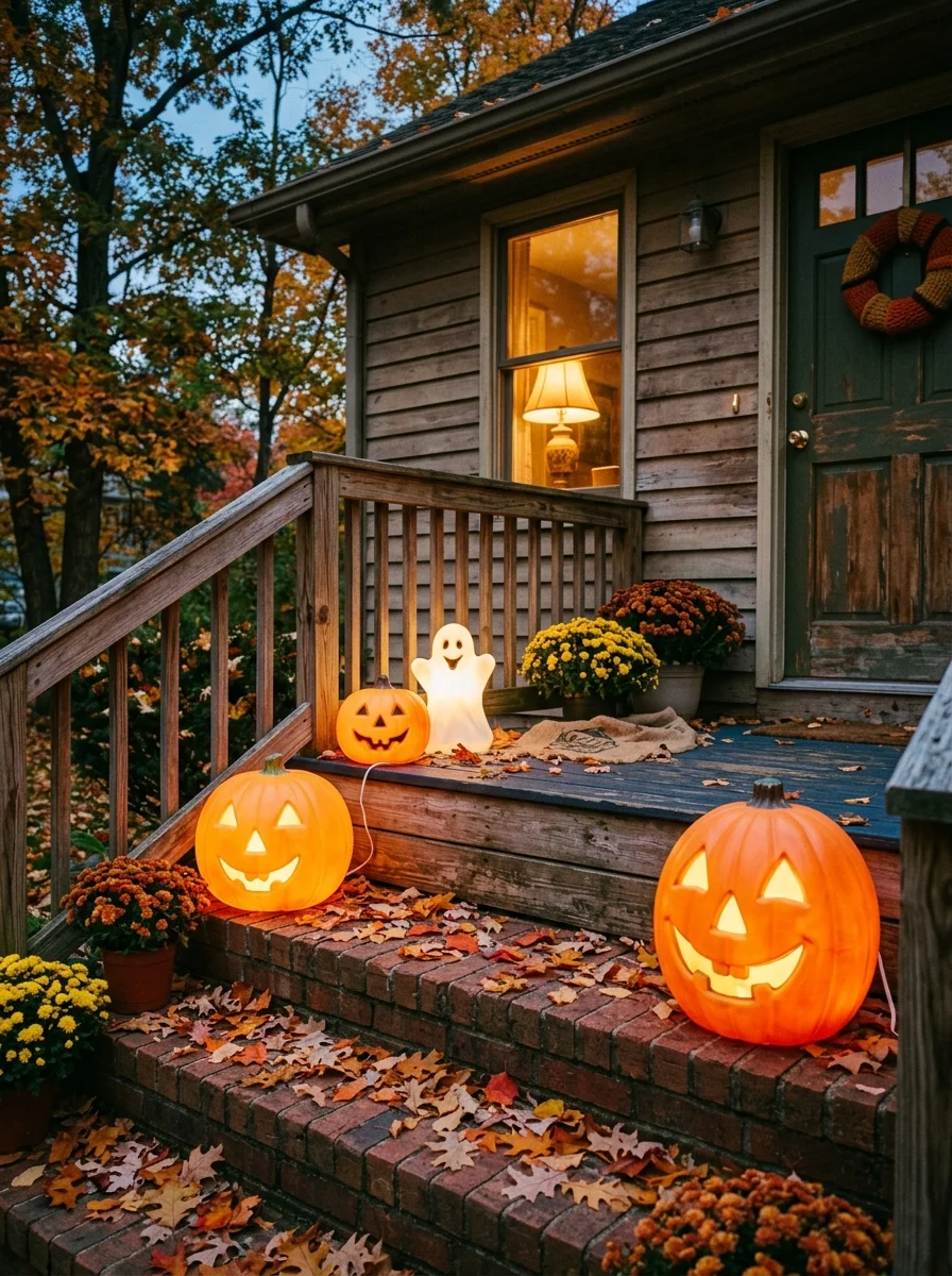 15 Nostalgic Vintage Halloween Decor Ideas for a Cozy Retro Home 3 vintage halloween decor warm lit empire plastic blow mold pumpkin staging (AI Generated Image)