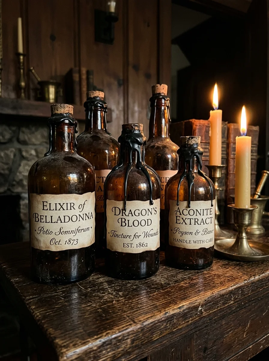 15 Nostalgic Vintage Halloween Decor Ideas for a Cozy Retro Home 4 vintage halloween decor victorian amber glass apothecary bottles with wax seals (AI Generated Image)