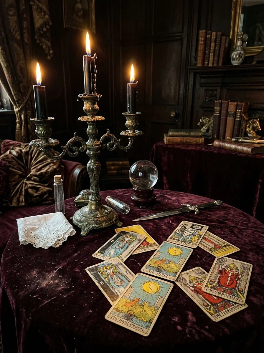 15 Nostalgic Vintage Halloween Decor Ideas for a Cozy Retro Home 5 vintage halloween decor antique brass candelabra & weathered tarot deck arrangement (AI Generated Image)