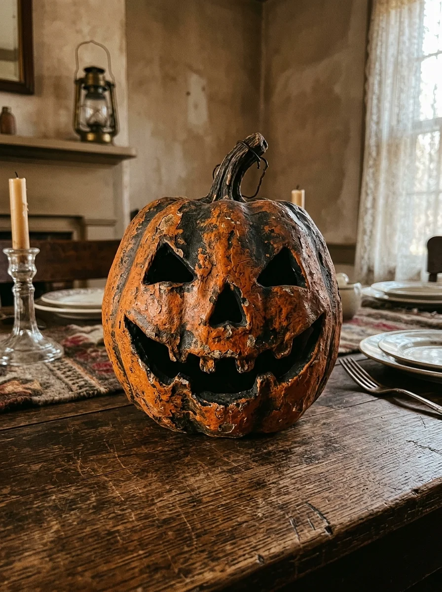 15 Nostalgic Vintage Halloween Decor Ideas for a Cozy Retro Home 6 vintage halloween decor handmade aged papier-mâché jack-o'-lantern centerpiece (AI Generated Image)