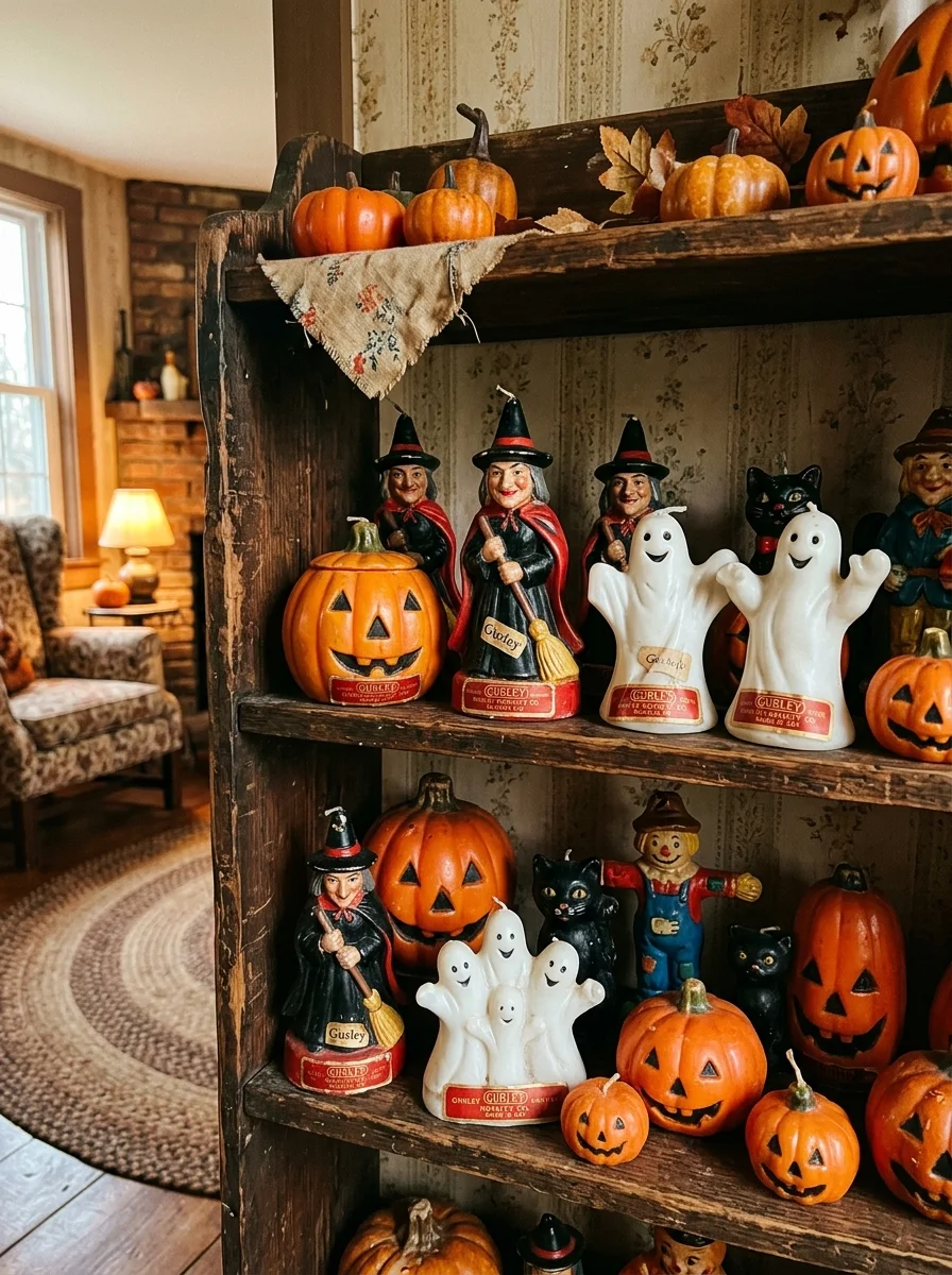 15 Nostalgic Vintage Halloween Decor Ideas for a Cozy Retro Home 7 vintage halloween decor gurley wax candle novelties shelf styling (AI Generated Image)
