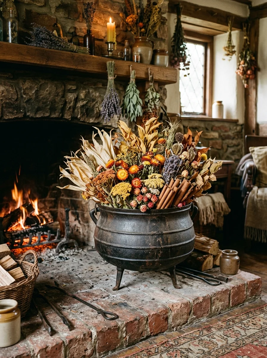 15 Nostalgic Vintage Halloween Decor Ideas for a Cozy Retro Home 8 vintage halloween decor cast iron cauldron with dried corn husks & botanicals (AI Generated Image)