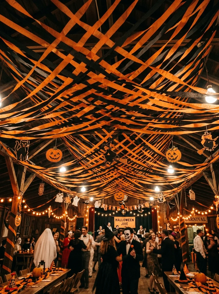 15 Nostalgic Vintage Halloween Decor Ideas for a Cozy Retro Home 9 vintage halloween decor distressed dennison crepe paper ceiling streamer canopy (AI Generated Image)