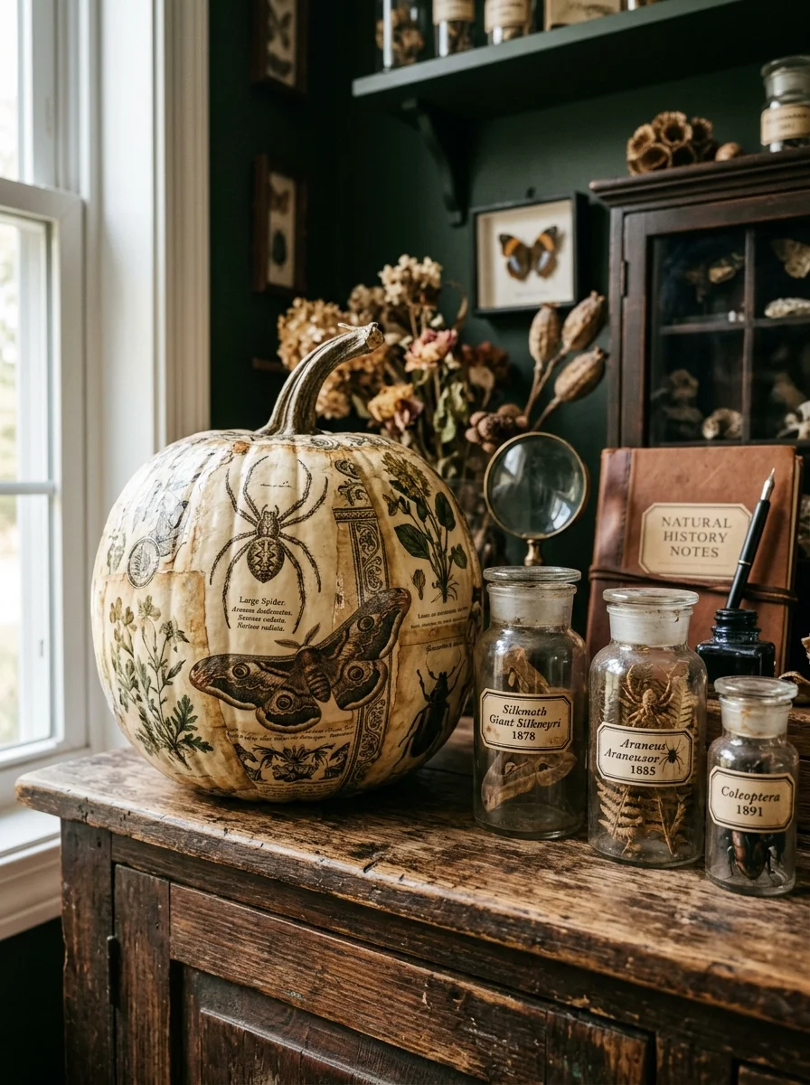 15 Nostalgic Vintage Halloween Decor Ideas for a Cozy Retro Home 10 vintage halloween decor decoupage botanical pumpkin & specimen jars (AI Generated Image)