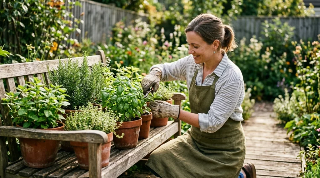 About Us 2 Home gardener pruning fresh potted herbs in terracotta planters
