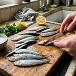 Cleaning and gutting fresh sardines